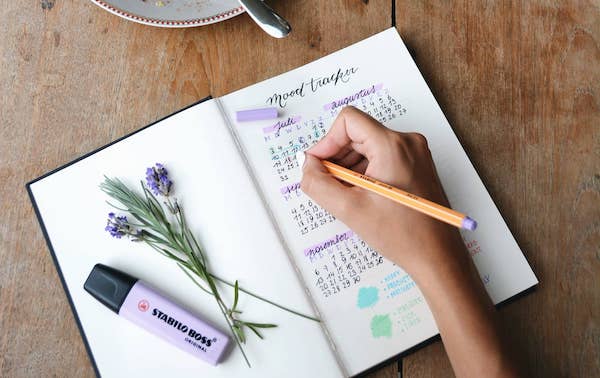 On the image, there is a woman writing in her bullet journal as part of her journaling routine. On her bullet journal, there is a flower and a colour marker.