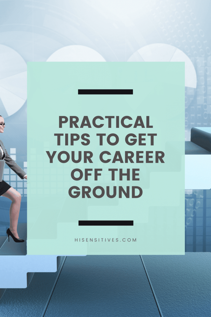 This pin image shows a staircase with a business woman walking at the bottom of it. She looks like she wants to get her career off the ground.