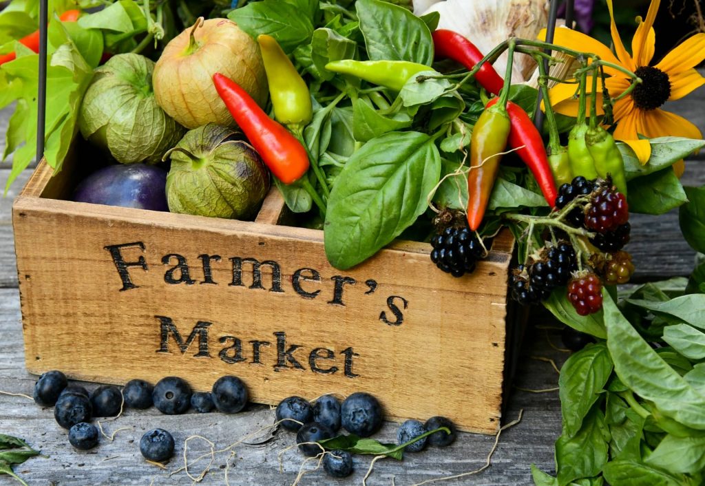 If you want to feel less helpless, purchase from the local farmer's market to support the local economy. On the picture, there is a farmers market tray with veggies.